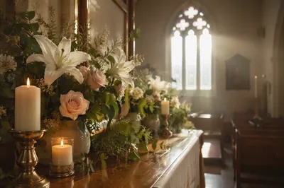 Peaceful Church Altar Flowers and Candles