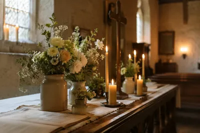Candlelit Church Altar with Seasonal Flowers