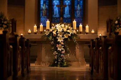 Chapel Altar Flowers and Glowing Candles