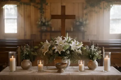 Peaceful Church Altar with Lilies and Candles