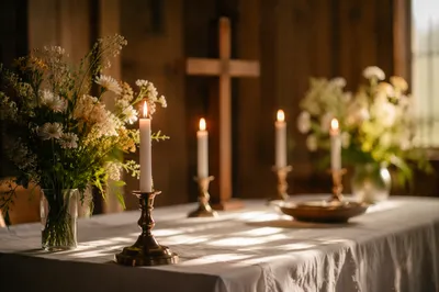 Quiet Chapel Altar with Flowers and Candles