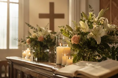 Morning Church Altar with Flowers and Candles