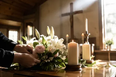 Morning Chapel Altar with Flowers and Candles