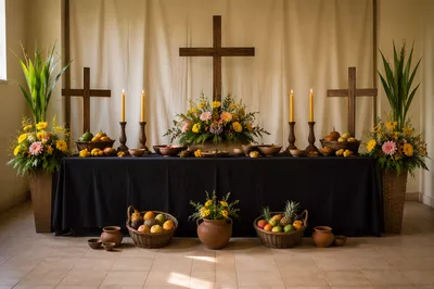 Modest Church Altar with Flowers and Candles