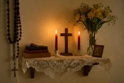 Home Altar with Candles and Yellow Flowers