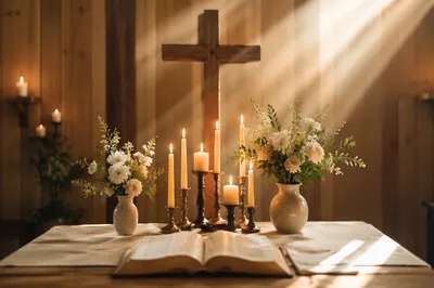 Quiet Chapel Altar with Flowers and Candles