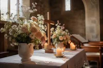 Peaceful Church Altar with Flowers and Candles