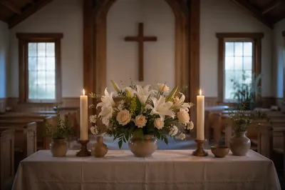 Quiet Church Altar with Flowers and Candles