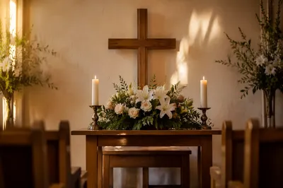 Quiet Church Altar with Flowers and Candles