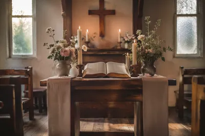 Peaceful Chapel Altar with Flowers and Candles