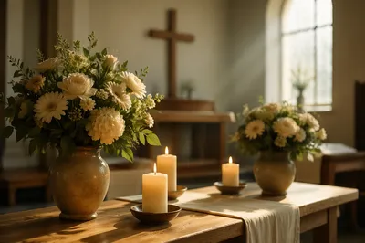 Quiet Church Altar with Flowers and Candles
