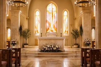 Serene Church Altar with Flowers and Candles