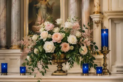 Church Altar Flowers with Blue Votive Candles