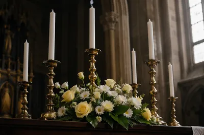 Church Altar Flowers with Brass Candles