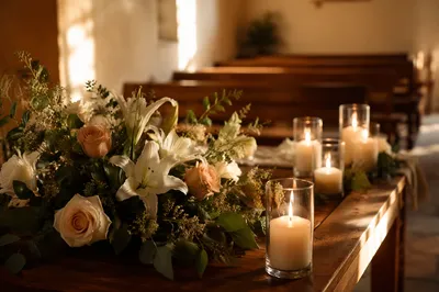 Peaceful Chapel Altar with Flowers and Candles