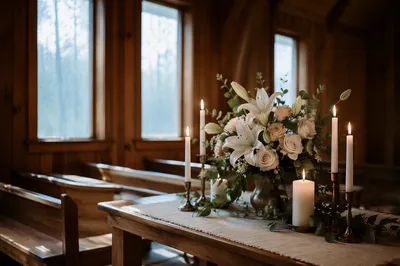 Peaceful Chapel Altar with Flowers and Candles