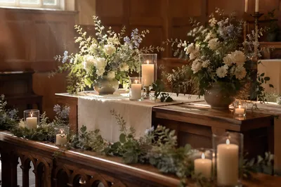 Peaceful Chapel Altar with Flowers and Candles