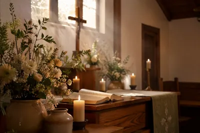 Candlelit Chapel Altar with Sunday Flowers