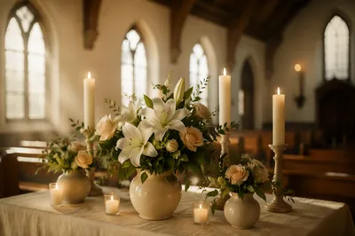 Morning Church Altar with Flowers and Candles