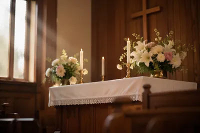 Quiet Sunday Altar with Flowers and Candles