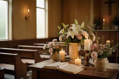 Candlelit Chapel Altar with Sunday Flowers