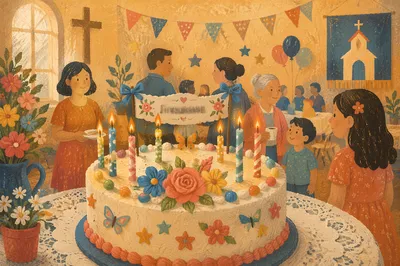 Festive Church Anniversary Cake Celebration Banner