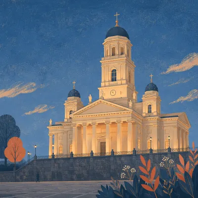 Neoclassical Church Bell Tower at Twilight