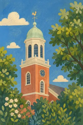 Small Town Church Bell Tower Under Blue Sky