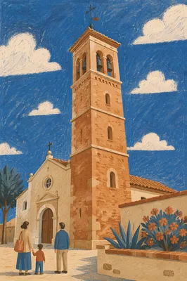 Historic Brick Church Bell Tower Under Blue Sky