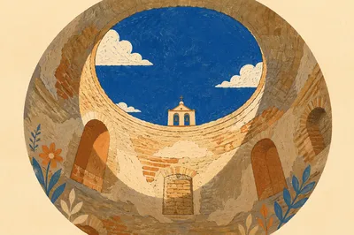 Historic Church Bell Tower Through Blue Oculus
