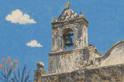 Weathered Church Bell Tower Under Blue Sky