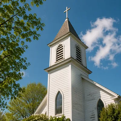 Country Church Bell Tower Under Blue Sky