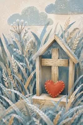 Wooden Cross and Heart in Winter Grass
