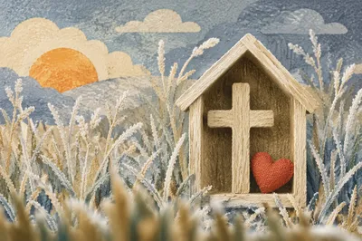 Wooden Cross and House in Winter Grass