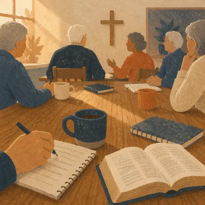 Church Elder Discussion Around Wooden Table