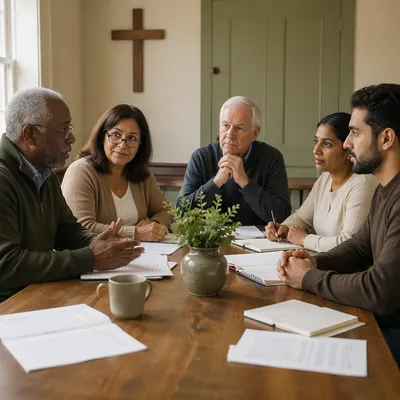 Church Elders Meeting Around Wooden Table