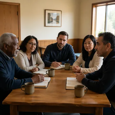 Church Elders Meeting Around Wooden Table