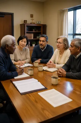 Church Elders Meeting Around Wooden Table