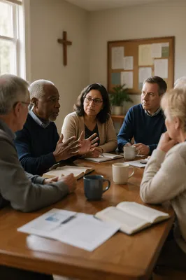 Church Board Meeting Around Wooden Table