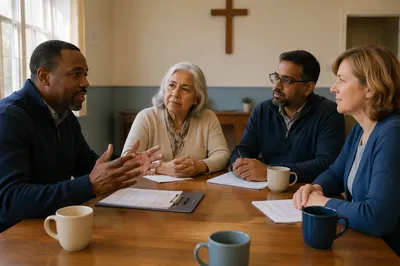 Church Elders Meeting Around Wooden Table