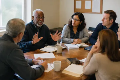 Church Elders Meeting Around Wooden Table