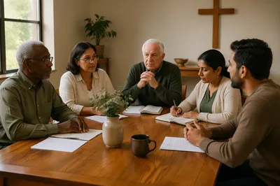 Church Elders Meeting Around Wooden Table