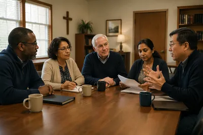 Church Board Meeting Around Wooden Table