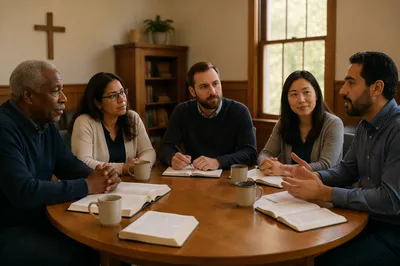Church Elders Meeting Around Wooden Table