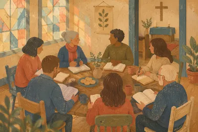 Church Book Club Discussion in Warm Light