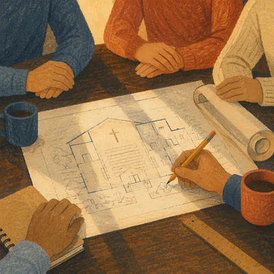 Church Building Committee Reviewing Renovation Blueprints