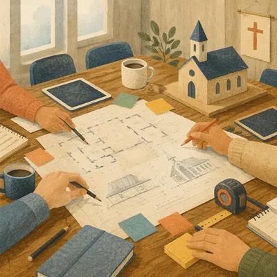 Church Building Committee Reviewing Blueprints