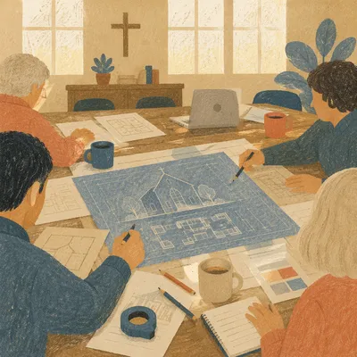 Church Building Committee Reviewing Blueprints