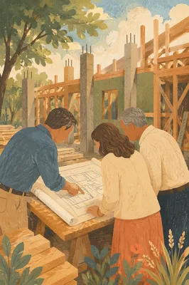 Church Building Committee Reviewing Blueprints