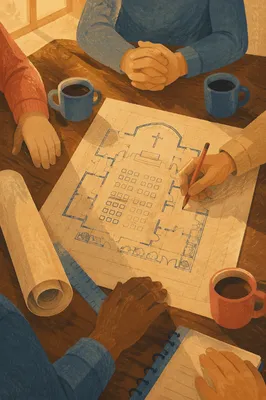 Church Building Committee Reviewing Renovation Blueprints